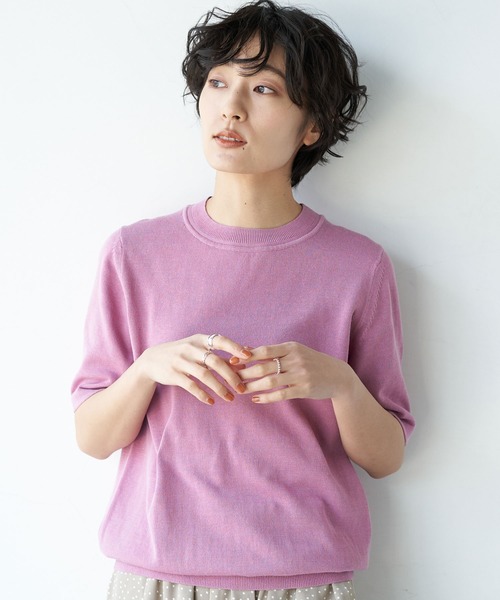 AMERICAN HOLIC（アメリカンホリック）の「クルーネック5分袖ニットプルオーバー ＊〇（ニット/セーター・レディース・ネイビー/グリーン/ピンク/モカ/ブラック/イエロー/ブラウン/アイボリー・M/L）」の8枚目の写真