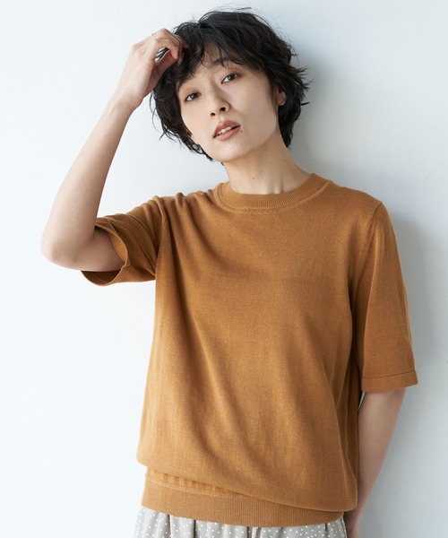 AMERICAN HOLIC（アメリカンホリック）の「クルーネック5分袖ニットプルオーバー ＊〇（ニット/セーター・レディース・ネイビー/グリーン/ピンク/モカ/ブラック/イエロー/ブラウン/アイボリー・M/L）」の7枚目の写真