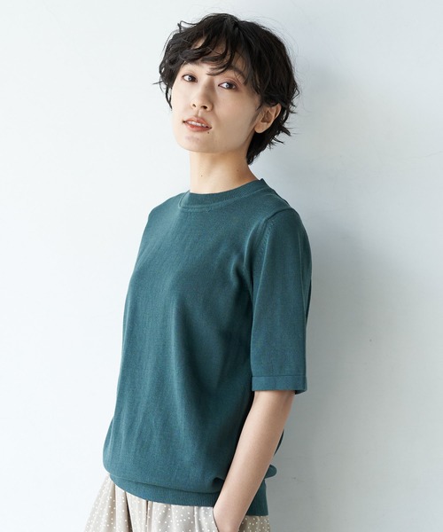 AMERICAN HOLIC（アメリカンホリック）の「クルーネック5分袖ニットプルオーバー ＊〇（ニット/セーター・レディース・ネイビー/グリーン/ピンク/モカ/ブラック/イエロー/ブラウン/アイボリー・M/L）」の5枚目の写真