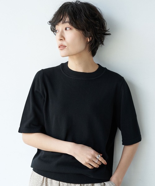 AMERICAN HOLIC（アメリカンホリック）の「クルーネック5分袖ニットプルオーバー ＊〇（ニット/セーター・レディース・ネイビー/グリーン/ピンク/モカ/ブラック/イエロー/ブラウン/アイボリー・M/L）」の2枚目の写真