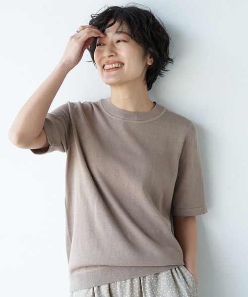 AMERICAN HOLIC（アメリカンホリック）の「クルーネック5分袖ニットプルオーバー ＊〇（ニット/セーター・レディース・ネイビー/グリーン/ピンク/モカ/ブラック/イエロー/ブラウン/アイボリー・M/L）」の4枚目の写真