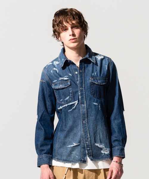 glamb（グラム）の「Damaged denim SH / ダメージデニムシャツ