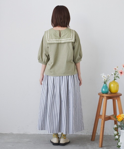tシャツ ダブルラインセーラーカラートップス レディース MODE ROBE tシャツ ダブルラインセーラーカラートップス