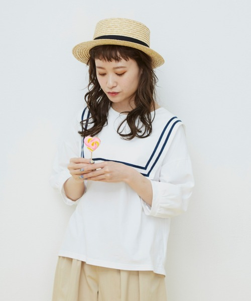 MERLOT(メルロー)の「スクエアラインBIGセーラーカラートップス(Tシャツ/カットソー・レディース・ホワイト/ライトグレー/ライトグリーン・FREE)」の4枚目の写真