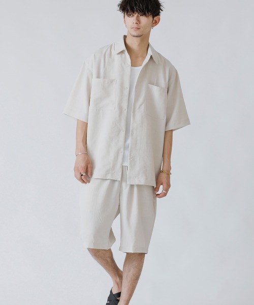 ADMIX/ATELIER SAB MEN（アドミックスアトリエサブメン）の「リネン麻調シャンブレー / オーバーサイズ CPOシャツ ＆ ハーフパンツ ＆ 巾着 セットアップ 3点セット（セットアップ・メンズ・ネイビー/キナリ/ブラック/ダークブラウン・48/50/52）」の2枚目の写真