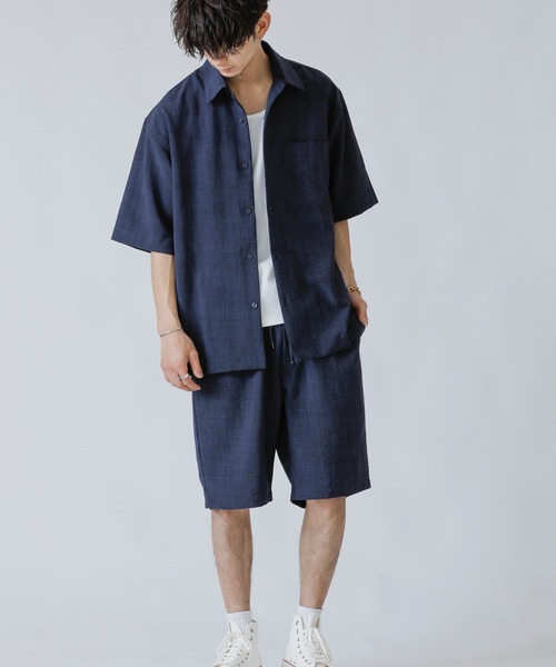 ADMIX/ATELIER SAB MEN（アドミックスアトリエサブメン）の「リネン麻調シャンブレー / オーバーサイズ CPOシャツ ＆ ハーフパンツ ＆ 巾着 セットアップ 3点セット（セットアップ・メンズ・ネイビー/キナリ/ブラック/ダークブラウン・48/50/52）」の11枚目の写真