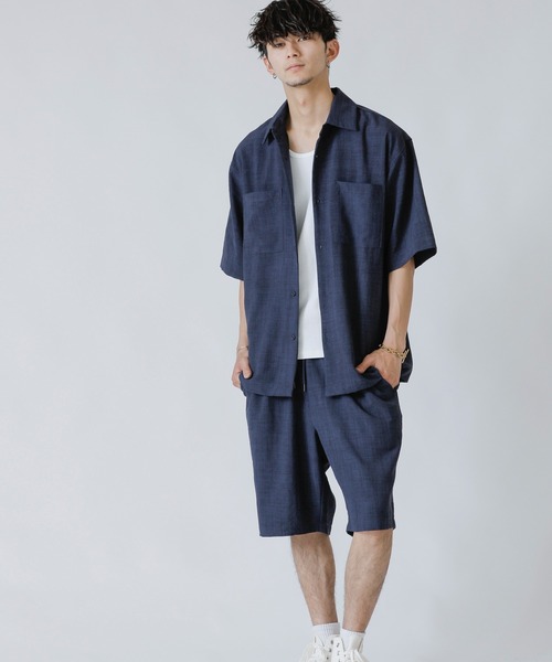 ADMIX/ATELIER SAB MEN（アドミックスアトリエサブメン）の「リネン麻調シャンブレー / オーバーサイズ CPOシャツ ＆ ハーフパンツ ＆ 巾着 セットアップ 3点セット（セットアップ・メンズ・ネイビー/キナリ/ブラック/ダークブラウン・48/50/52）」の12枚目の写真