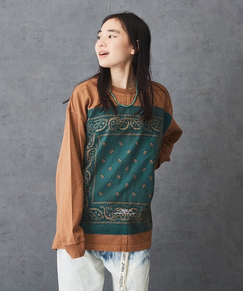 TOBILA（トビラ）の「度詰天竺ピグメント染めバンダナ長袖Tシャツユニセックス（Tシャツ/カットソー・レディース・グレー/オレンジ/ブルー・M）」の3枚目の写真