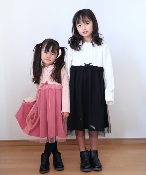 SHOO・LA・RUE（シューラルー）の「◆【100-140cm】ケーブルジャガー切替ワンピース（ワンピース・キッズ・ベビーピンク/アイボリー系4・10/11/12/13/14）」の8枚目の写真