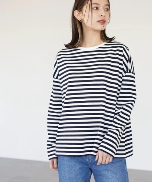 Green　Parks（グリーンパークス）の「クルーネックボーダーロンTEE＊（Tシャツ/カットソー・レディース・ネイビー/グレー/ブルー・FREE）」の3枚目の写真