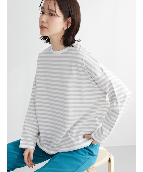 Green　Parks（グリーンパークス）の「クルーネックボーダーロンTEE＊（Tシャツ/カットソー・レディース・ネイビー/グレー/ブルー・FREE）」の2枚目の写真