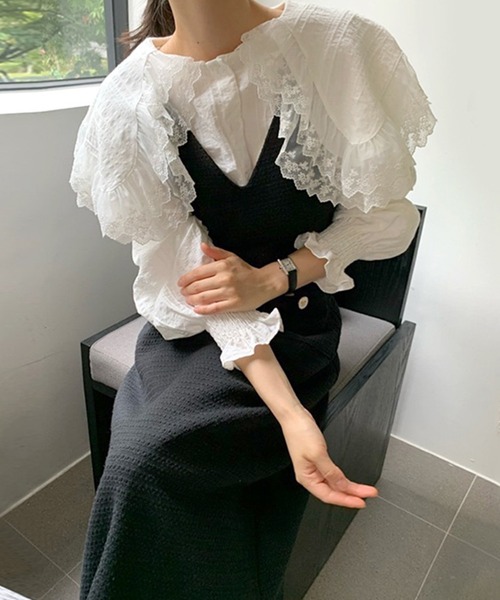 Jasmine Grandiflorum(ジャスミングランディフローラム)の「【Jasmine】トレンドビッグ襟×ジャンスカセットアップ(ワンピース・レディース・ブラック/ベージュ・FREE)」の12枚目の写真