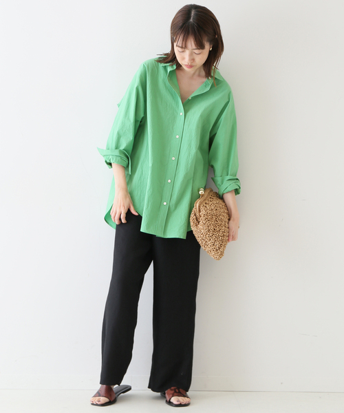 イエナ 22SS リネンレーヨンシャツワンピース 日本製 深緑 オーバーサイズ Plain Linen〈無地〉 / オープンカラーシャツワンピース