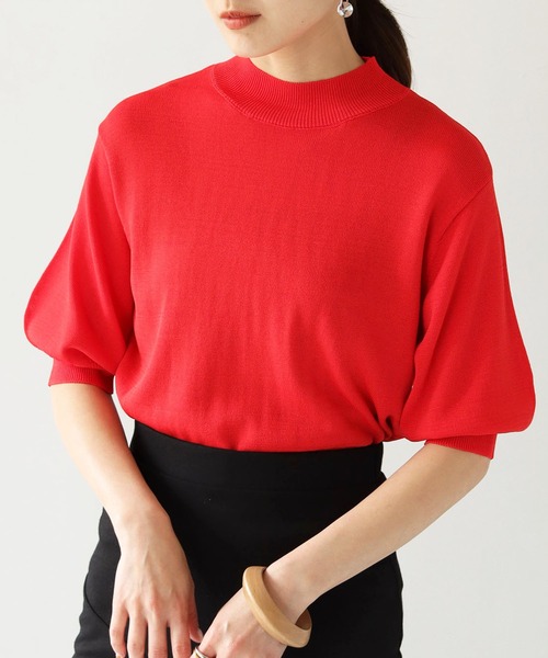 HER CLOSET（ハークローゼット）の「【cheriella】イージーケアドライタッチプチハイネック5分袖無地ニット（ニット/セーター・レディース・ホワイト/ブラック/ピンク/ブルー/スモークピンク/グレイッシュベージュ/レッド/ロイヤルブルー/グリーン・M）」の2枚目の写真