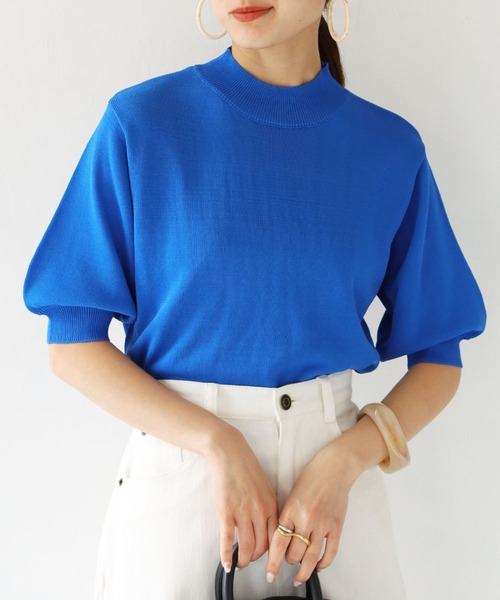 HER CLOSET（ハークローゼット）の「【cheriella】イージーケアドライタッチプチハイネック5分袖無地ニット（ニット/セーター・レディース・ホワイト/ブラック/ピンク/ブルー/スモークピンク/グレイッシュベージュ/レッド/ロイヤルブルー/グリーン・M）」の7枚目の写真