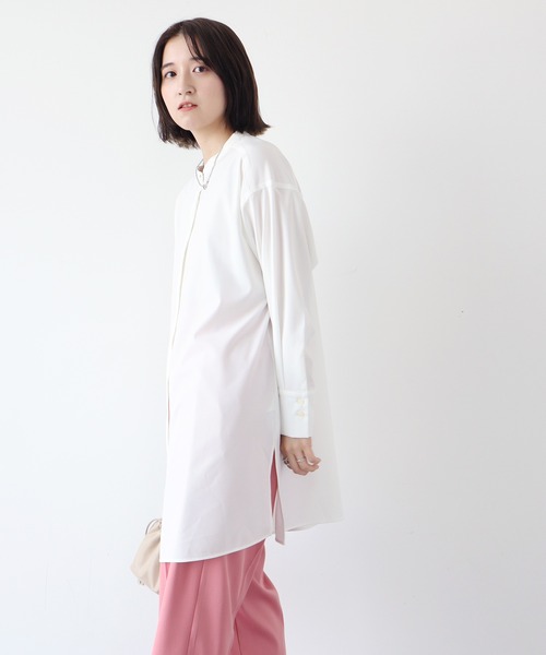 Green　Parks（グリーンパークス）の「楽シャツ ヒヨクボタンチュニック（シャツ/ブラウス・レディース・オレンジ/ライトグリーン/オフホワイト/チャコールグレー・FREE）」の2枚目の写真