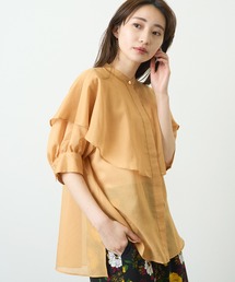 新品タグ付き　ヘレンチア　ケープ風　シアーブラウス HERENCIA（ヘレンチア）の「ケープ風 フリンジチェック シアー