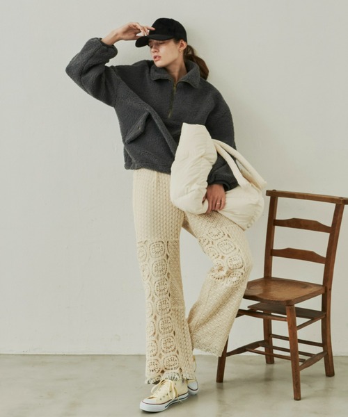 Unitage（ユニテージ）の「ハーフZIPボアパーカー（パーカー・レディース・アイボリー/チャコールグレー・FREE）」の14枚目の写真