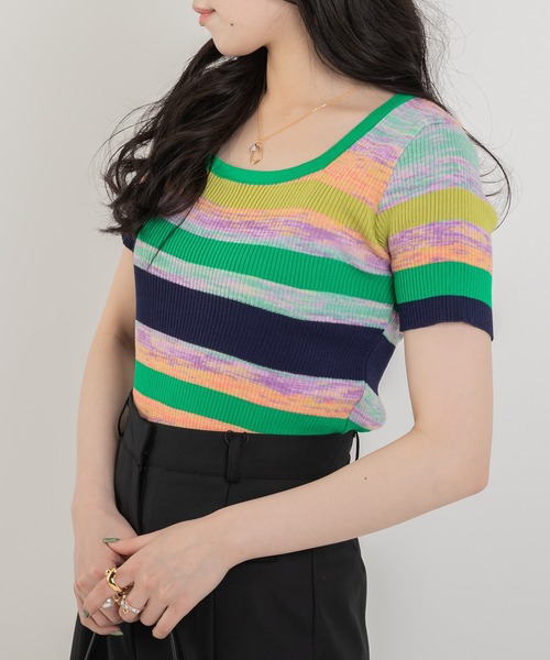 【PRADA】lady's ボーダーshirtワンピース ツートンマルチカラー LADY LIKE ワンピース マルチボーダーかぎ編みニットワンピース