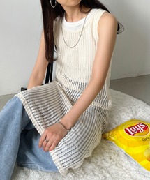 透かし編みノースリーブ ロング丈ニットベスト