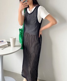 透かし編みノースリーブ ロング丈ニットベスト
