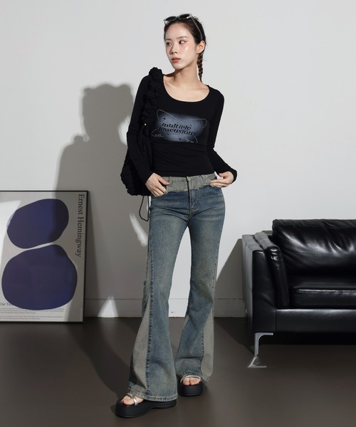 FOLLOWIN(フォロウィン)の「リメイクライクウォッシングブーツカットデニムパンツ(デニムパンツ・レディース・ブルー・X-LARGE/SMALL/MEDIUM/LARGE)」の6枚目の写真