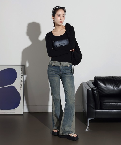 FOLLOWIN(フォロウィン)の「リメイクライクウォッシングブーツカットデニムパンツ(デニムパンツ・レディース・ブルー・X-LARGE/SMALL/MEDIUM/LARGE)」の8枚目の写真