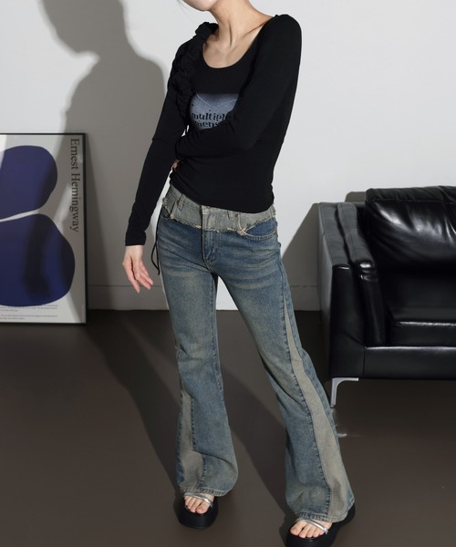 FOLLOWIN(フォロウィン)の「リメイクライクウォッシングブーツカットデニムパンツ(デニムパンツ・レディース・ブルー・X-LARGE/SMALL/MEDIUM/LARGE)」の2枚目の写真