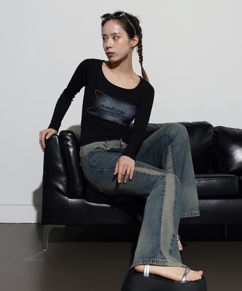 FOLLOWIN(フォロウィン)の「リメイクライクウォッシングブーツカットデニムパンツ(デニムパンツ・レディース・ブルー・X-LARGE/SMALL/MEDIUM/LARGE)」の5枚目の写真