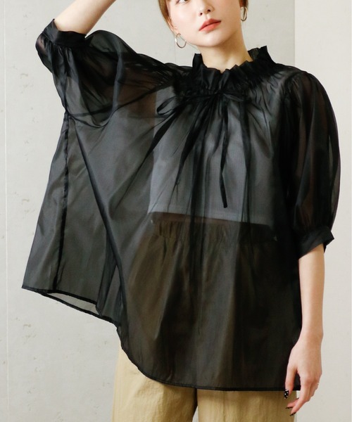 Per sist ence(パーシエンス)の「Per sist ence/パーシエンス オーガンジーシアーギャザーネックブラウス(シャツ/ブラウス・レディース・グレー/ブラウン/ブラック/ホワイト・FREE)」の3枚目の写真