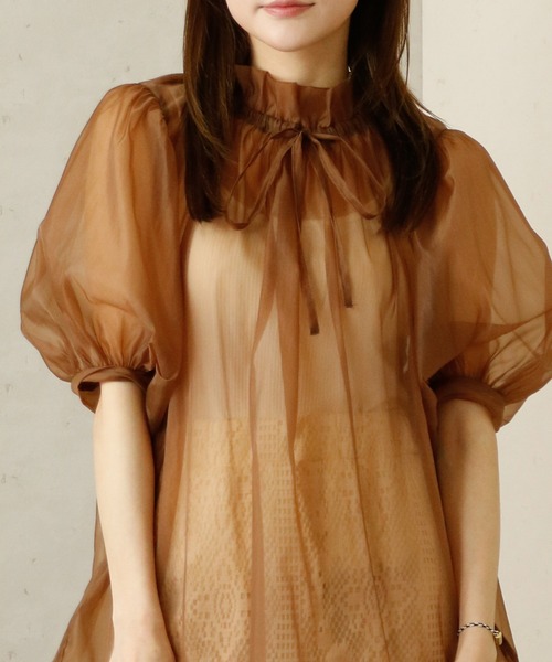 Per sist ence(パーシエンス)の「Per sist ence/パーシエンス オーガンジーシアーギャザーネックブラウス(シャツ/ブラウス・レディース・グレー/ブラウン/ブラック/ホワイト・FREE)」の6枚目の写真