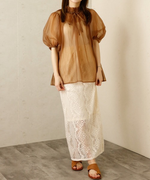 Per sist ence(パーシエンス)の「Per sist ence/パーシエンス オーガンジーシアーギャザーネックブラウス(シャツ/ブラウス・レディース・グレー/ブラウン/ブラック/ホワイト・FREE)」の7枚目の写真