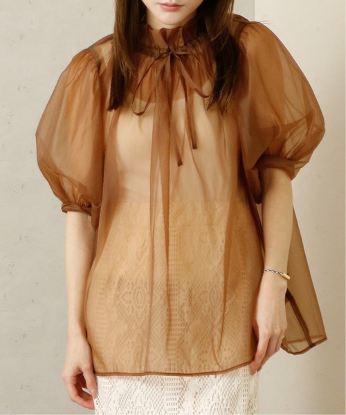 Per sist ence(パーシエンス)の「Per sist ence/パーシエンス オーガンジーシアーギャザーネックブラウス(シャツ/ブラウス・レディース・グレー/ブラウン/ブラック/ホワイト・FREE)」の8枚目の写真