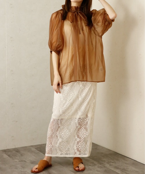 Per sist ence(パーシエンス)の「Per sist ence/パーシエンス オーガンジーシアーギャザーネックブラウス(シャツ/ブラウス・レディース・グレー/ブラウン/ブラック/ホワイト・FREE)」の15枚目の写真