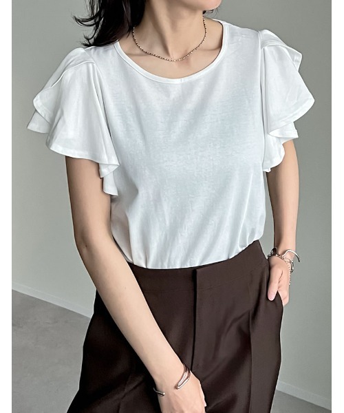[接触冷感]フリルスリーブ半袖Tシャツ