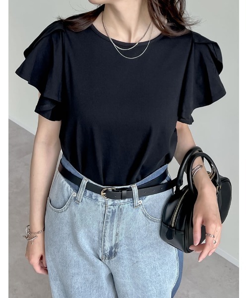 [接触冷感]フリルスリーブ半袖Tシャツ