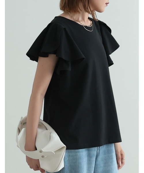 [接触冷感]フリルスリーブ半袖Tシャツ