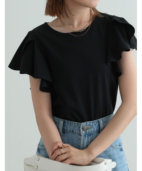[接触冷感]フリルスリーブ半袖Tシャツ