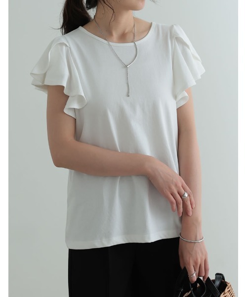 [接触冷感]フリルスリーブ半袖Tシャツ