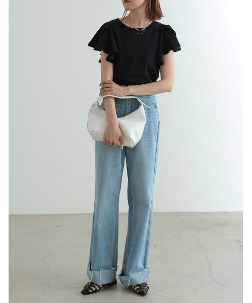 [接触冷感]フリルスリーブ半袖Tシャツ