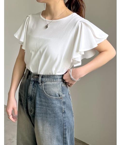Re:EDIT（リエディ）の「[接触冷感][UVカット]フリルスリーブ半袖Tシャツ（Tシャツ/カットソー・レディース・ブラック/ホワイト・LARGE/MEDIUM）」の6枚目の写真
