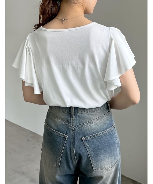 Re:EDIT（リエディ）の「[接触冷感][UVカット]フリルスリーブ半袖Tシャツ（Tシャツ/カットソー・レディース・ブラック/ホワイト・LARGE/MEDIUM）」の7枚目の写真