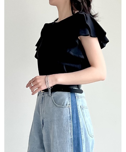 Re:EDIT（リエディ）の「[接触冷感][UVカット]フリルスリーブ半袖Tシャツ（Tシャツ/カットソー・レディース・ブラック/ホワイト・LARGE/MEDIUM）」の22枚目の写真