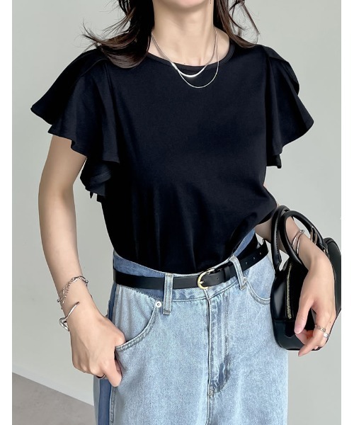 Re:EDIT（リエディ）の「[接触冷感][UVカット]フリルスリーブ半袖Tシャツ（Tシャツ/カットソー・レディース・ブラック/ホワイト・LARGE/MEDIUM）」の21枚目の写真