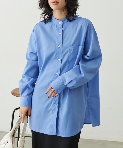 タグ付 美品 プラージュ シアーバンドカラーシャツ ブルー オーバーサイズ タグ付 美品 プラージュ シアーバンドカラーシャツ ブルー