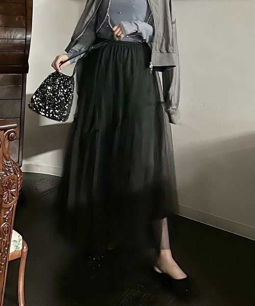 AS KNOW AS plus（アズノゥアズプラス）の「◎揺れるギャザーチュールロングスカート（スカート・レディース・ブラック/ライトグレー/チャコールグレー/アイボリー系/ライトグレー系/ブラック系・FREE）」の2枚目の写真