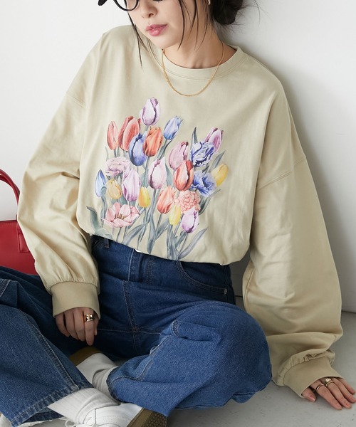 BONLECILL(ボンルシール)の「ヴィンテージフラワープリントオーバーロンTEE(Tシャツ/カットソー・レディース・ベージュ/オートミール/オフホワイト/ブラック/アッシュグレー/ホワイト系/ブラック系・FREE)」の6枚目の写真