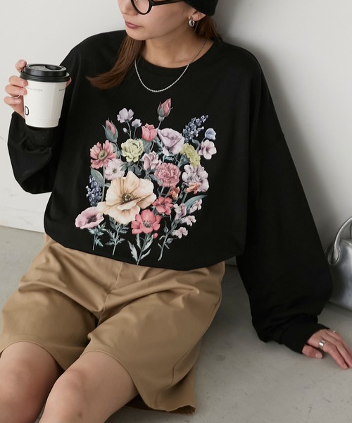BONLECILL(ボンルシール)の「ヴィンテージフラワープリントオーバーロンTEE(Tシャツ/カットソー・レディース・ベージュ/オートミール/オフホワイト/ブラック/アッシュグレー/ホワイト系/ブラック系・FREE)」の9枚目の写真