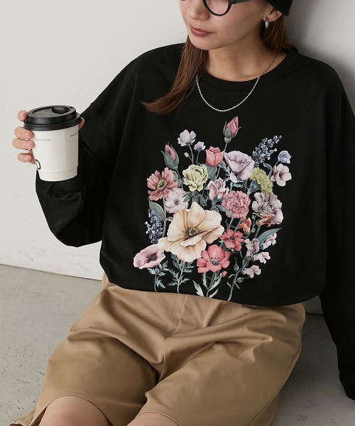 BONLECILL(ボンルシール)の「ヴィンテージフラワープリントオーバーロンTEE(Tシャツ/カットソー・レディース・ベージュ/オートミール/オフホワイト/ブラック/アッシュグレー/ホワイト系/ブラック系・FREE)」の13枚目の写真