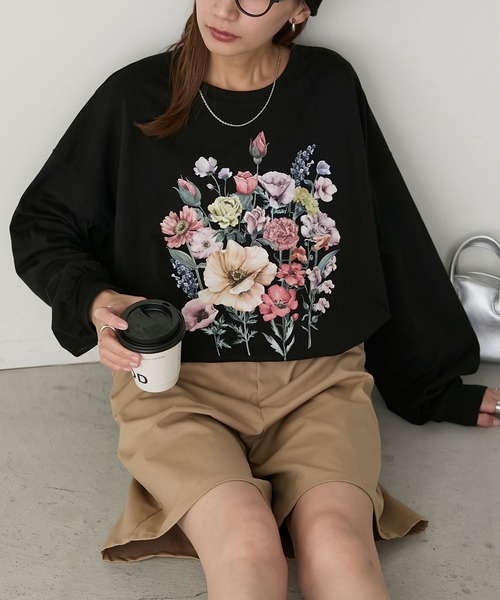 BONLECILL(ボンルシール)の「ヴィンテージフラワープリントオーバーロンTEE(Tシャツ/カットソー・レディース・ベージュ/オートミール/オフホワイト/ブラック/アッシュグレー/ホワイト系/ブラック系・FREE)」の16枚目の写真